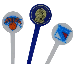 Custom drink stirrers featuring sports team logos including basketball and hockey designs.