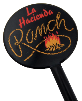Custom drink stirrer with La Hacienda Ranch logo and western design.
